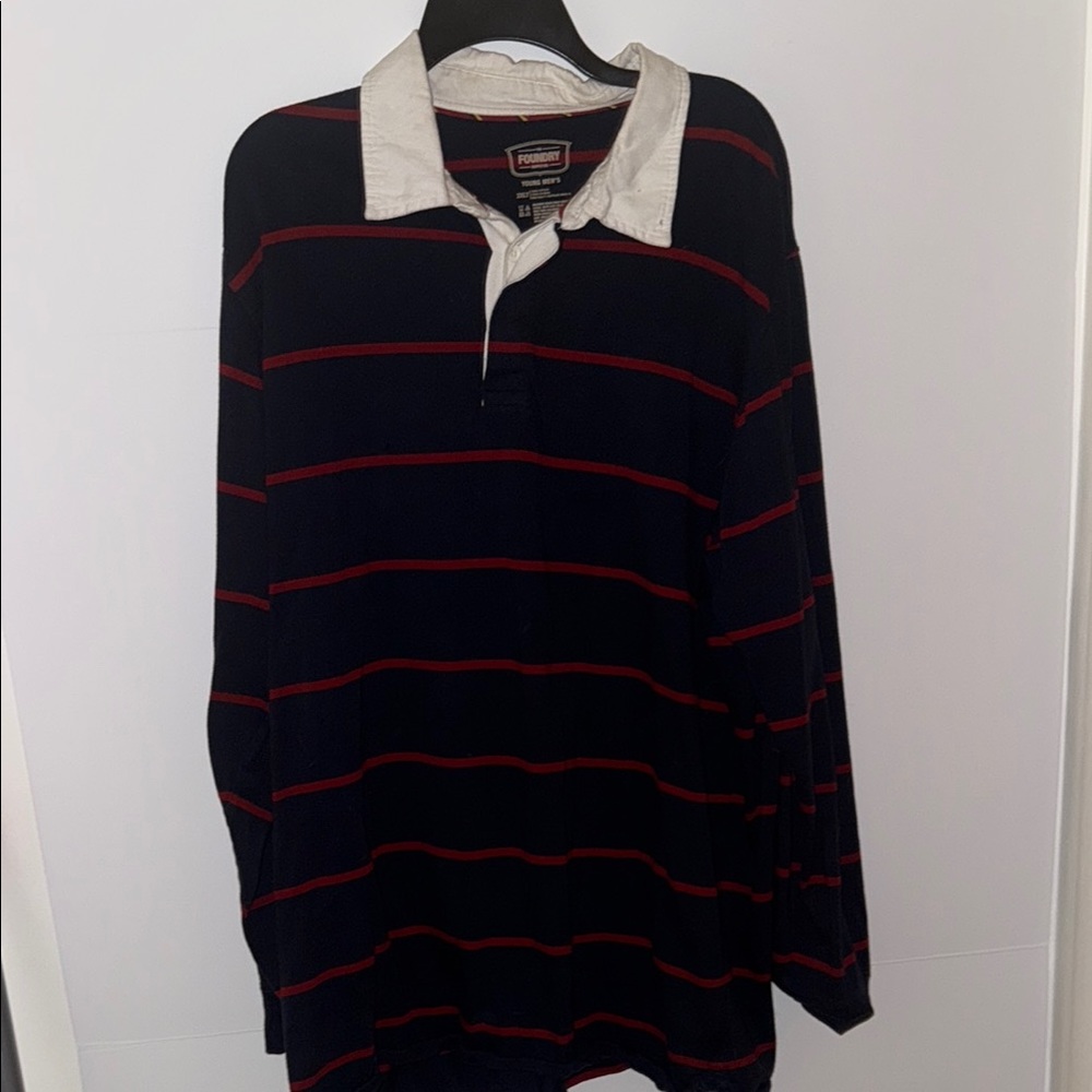 The Foundry Supply Co. Navy and Red Striped Polo Shirt